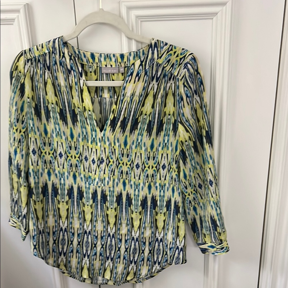 Ellie Kai Silk V-Neck Blouse - Blue and Yellow- 00